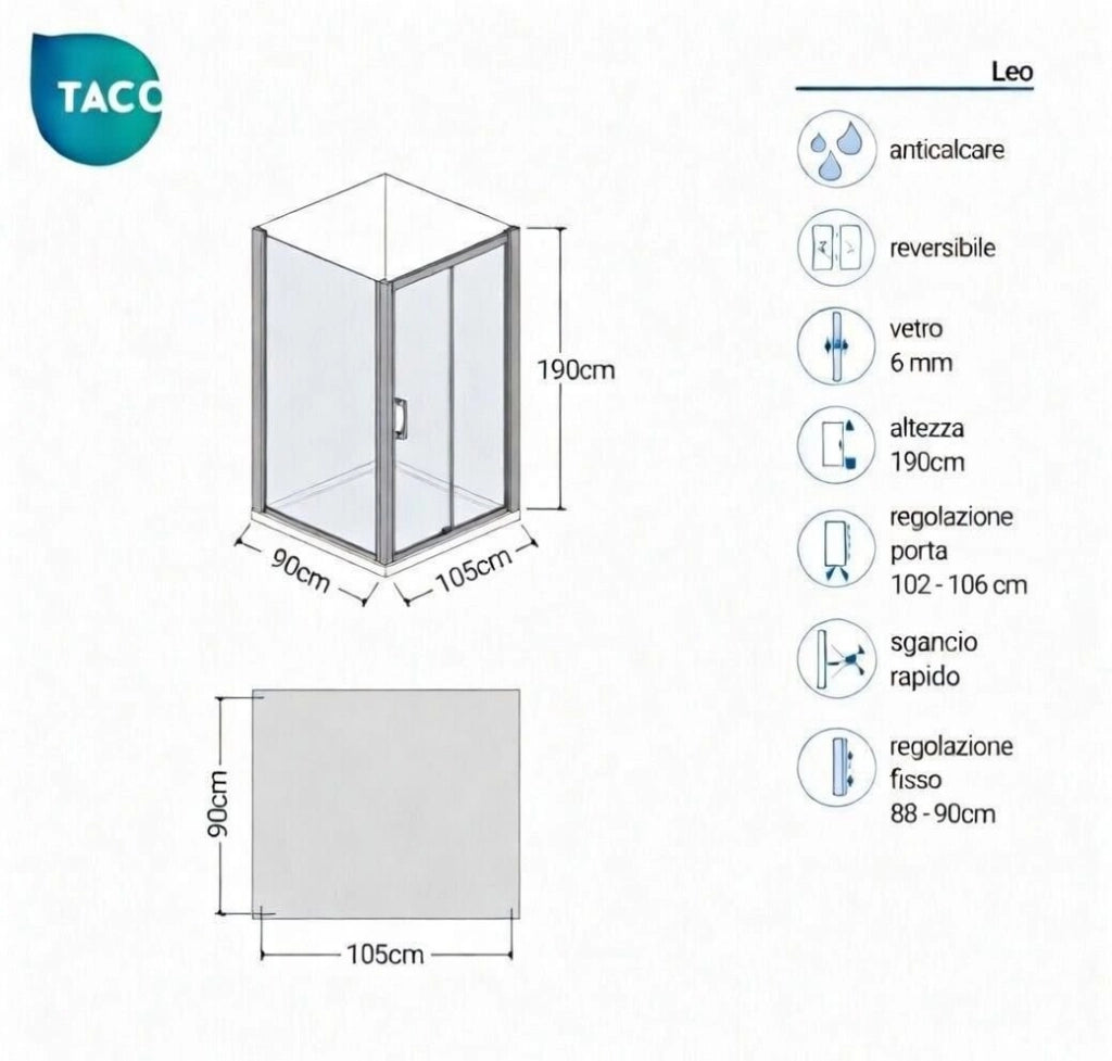 Box doccia 2 lati 90x105cm fisso + porta scorrevole apertura laterale h190cm profilo cromato - LEO