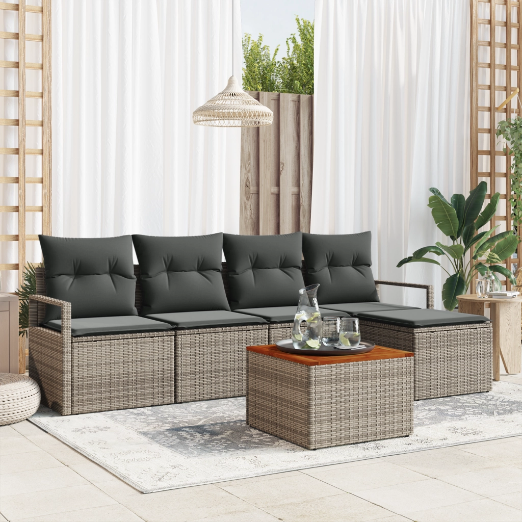Set Divano da Giardino in 6 pezzi con Cuscini Grigio Polyrattan Acacia