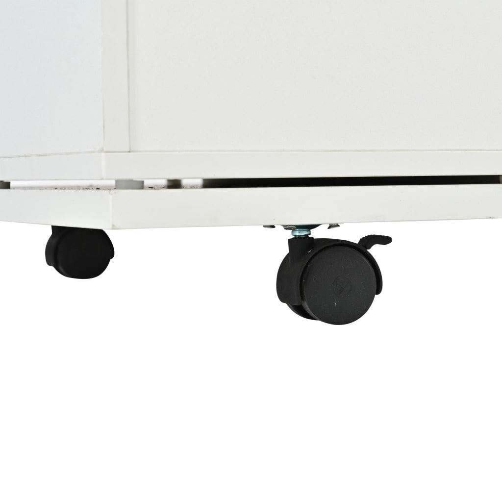 Tavolino da salotto regolabile in altezza 2 in 1 con contenitore, piano sollevabile, ruote e 4 sgabelli, bianco e legno naturale