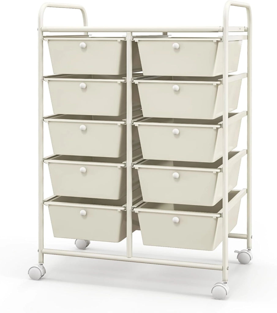 Carrello con 10 cassetti, impilabile, carrello per cassetti, carrello da cucina con ruote bloccabili, carrello per cucina, bagno, ufficio, 65,5 x 37 x 87 cm, bianco