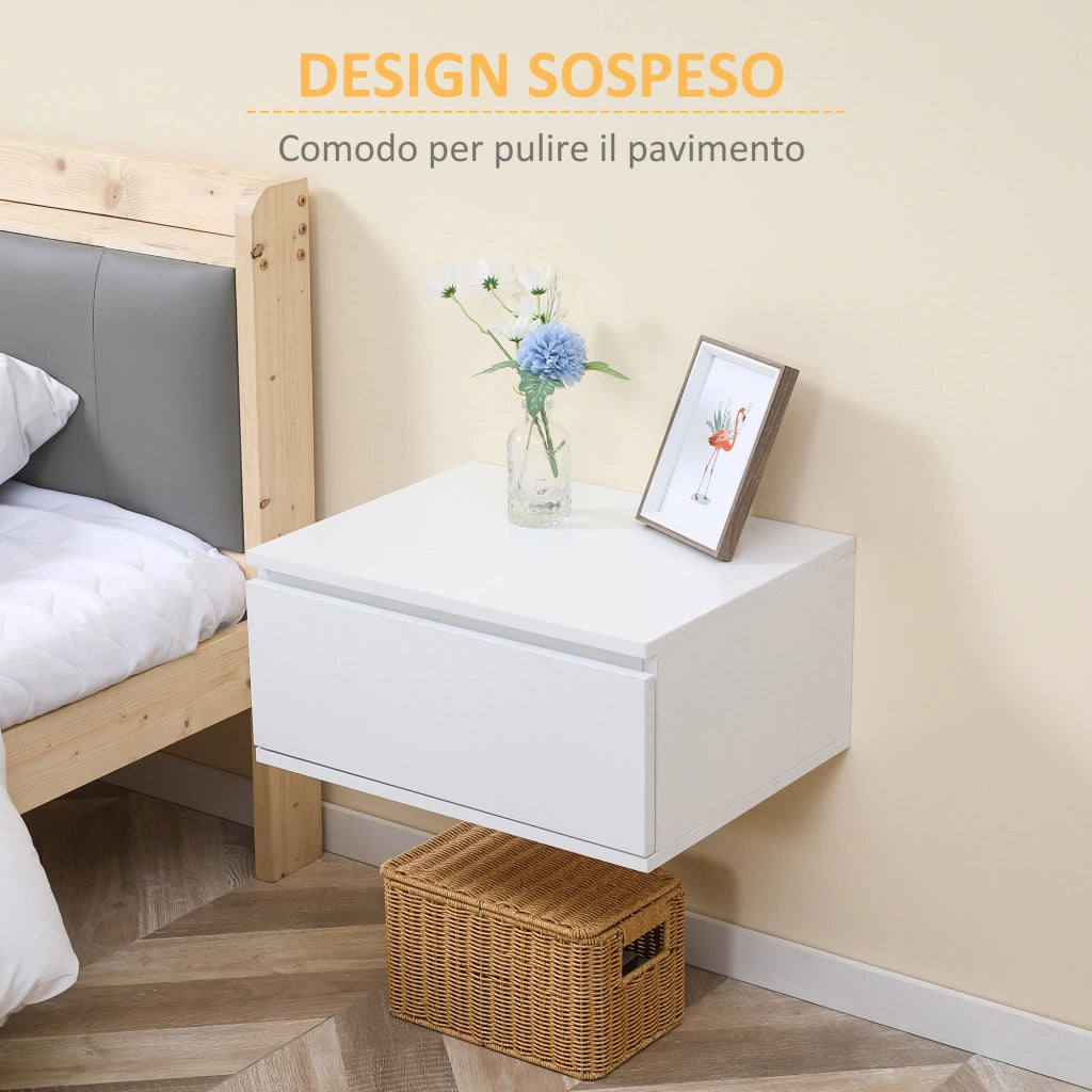 Comodino Set 2 Pezzi con Cassetto e Design Sospeso in Truciolato e MDF, 49x38x23 cm, Bianco