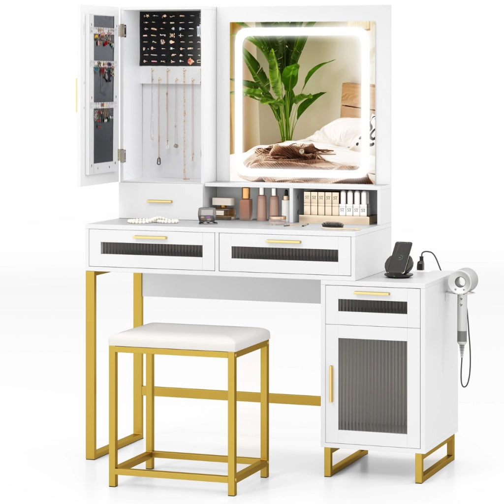 Scrivania per trucco con specchio illuminato, Set tavolo da trucco e sgabello con stazione di ricarica Bianco + Oro-Tavoli da trucco