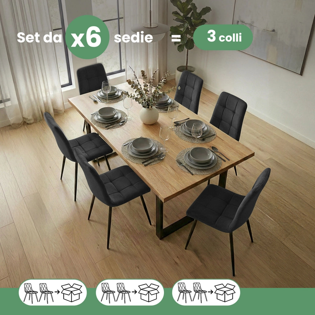 Set di 6 Sedie in velluto trapuntate NERO Nero gambe nere