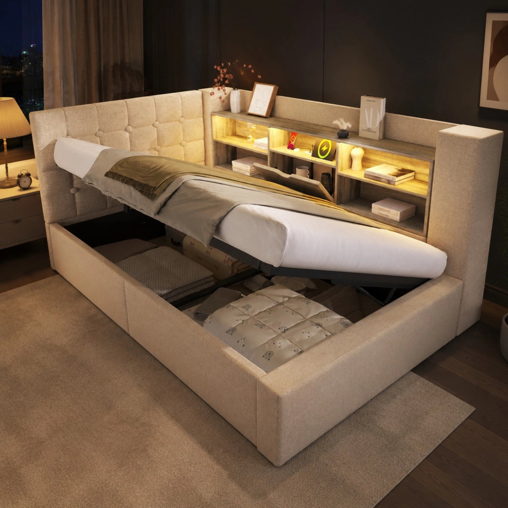 Letto singolo 90x190 cm con LED, vano contenitore e prese USB, beige