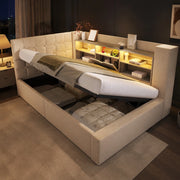 Letto singolo 90x190 cm con LED, vano contenitore e prese USB, beige