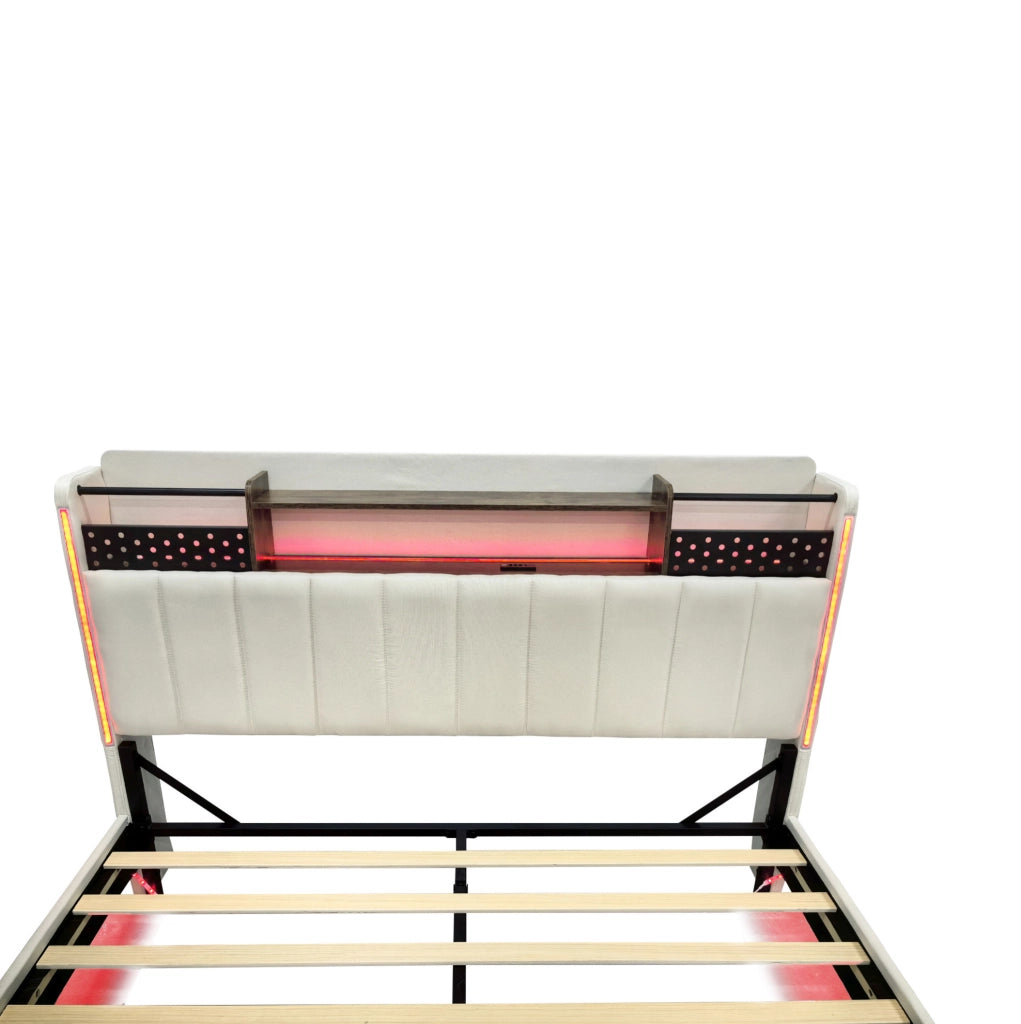 Letto imbottito ULEVR 160x200 cm beige con LED, USB e testiera con vano contenitore