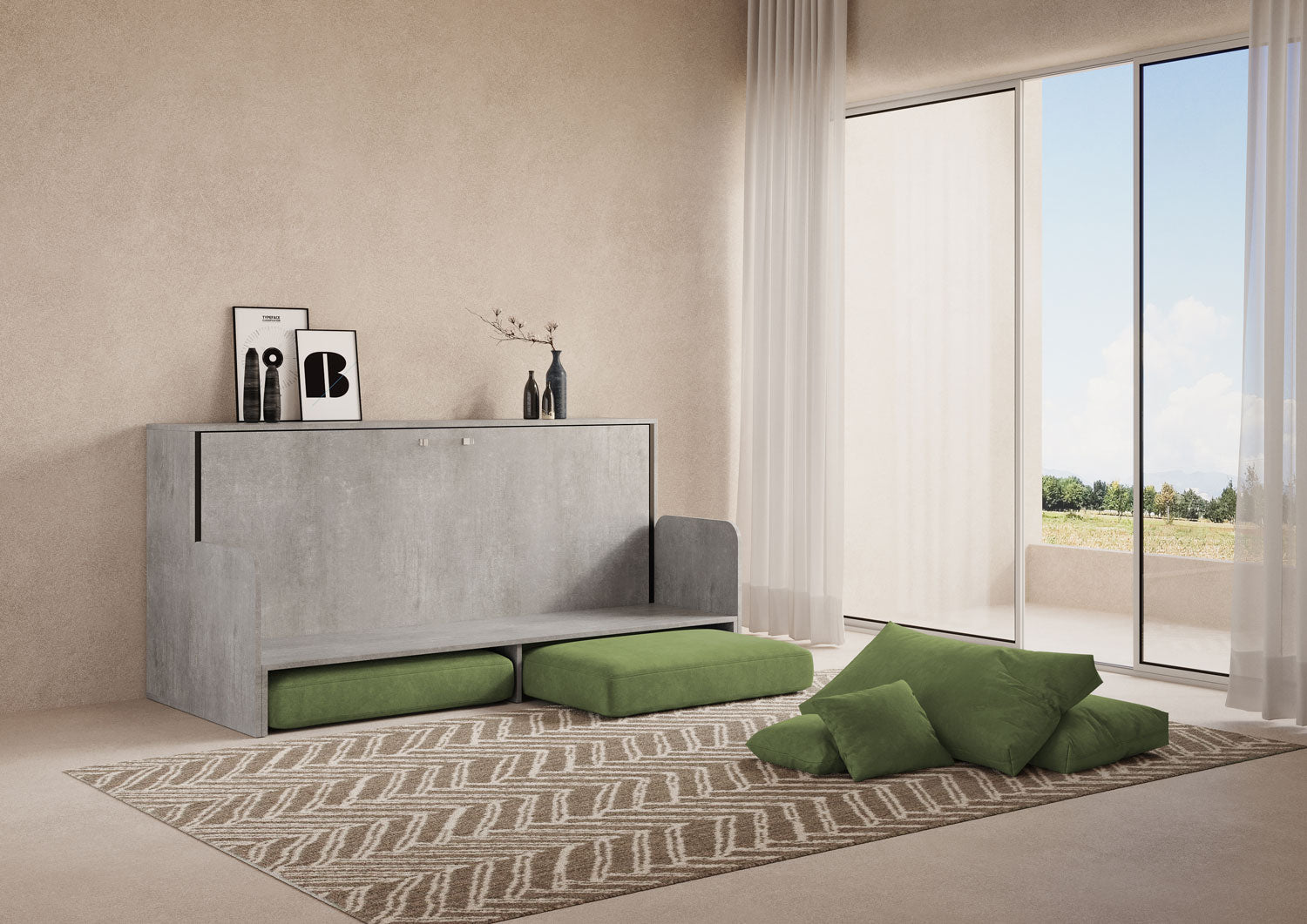 Letto Singolo A Scomparsa Kando Con Divano Cemento e Verde