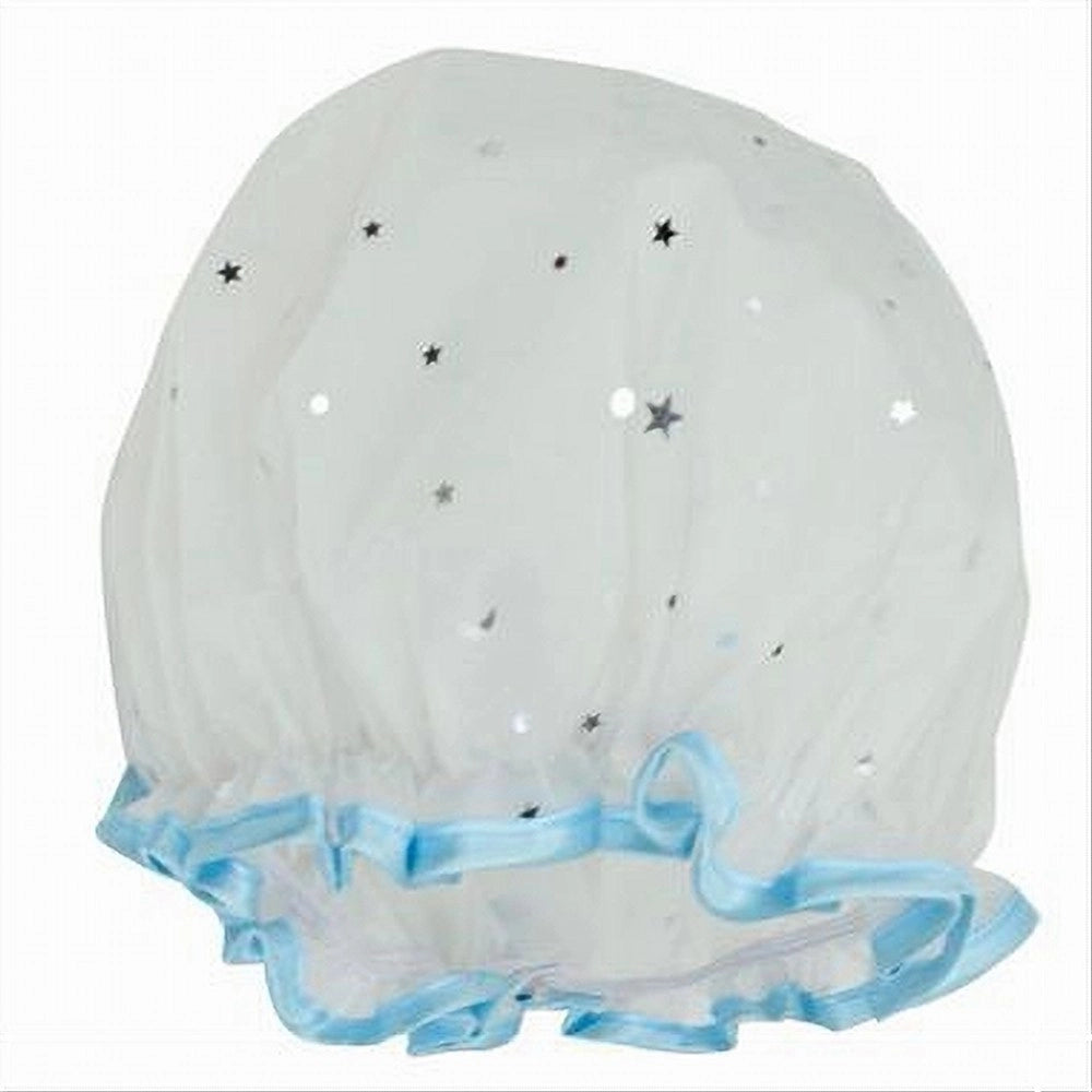 Trade Shop - Set 2pz Cuffia Doccia Bagno Elastico Bordino Azzurro Stelle Protegge Capelli 79610 -