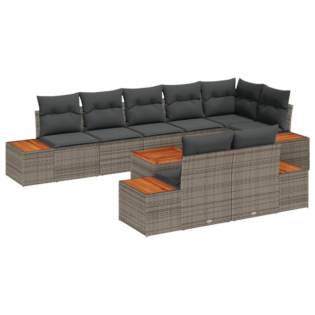 Set Divano da Giardino 9 Pezzi con Cuscini Grigio Polyrattan Acacia