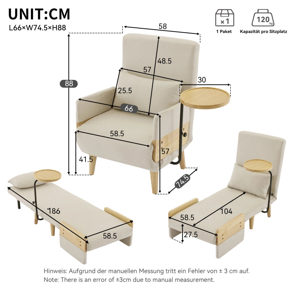 Poltrona letto trasformabile 3 in 1 beige con schienale regolabile e ripiano girevole