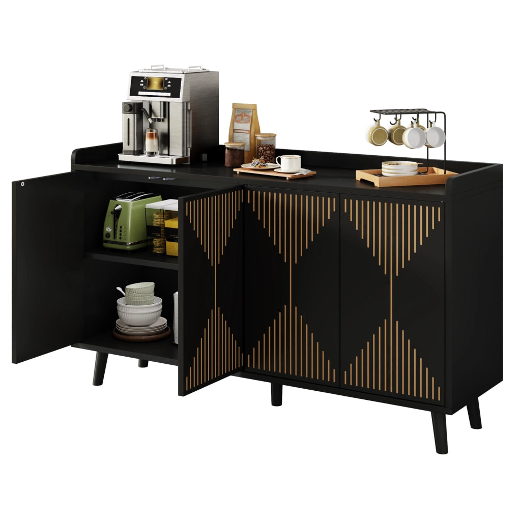 Credenza con 4 ante; ripiani regolabili e vano aperto; MDF; nera; 140 x 40 x 84 cm