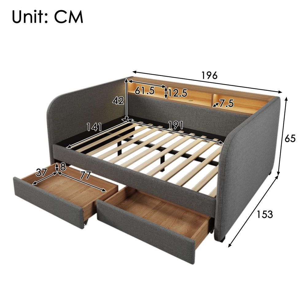 Letto Imbottito Contenitore 140x190 con LED e 2 Cassetti ¨C Xylo ¨C Tessuto Grigio