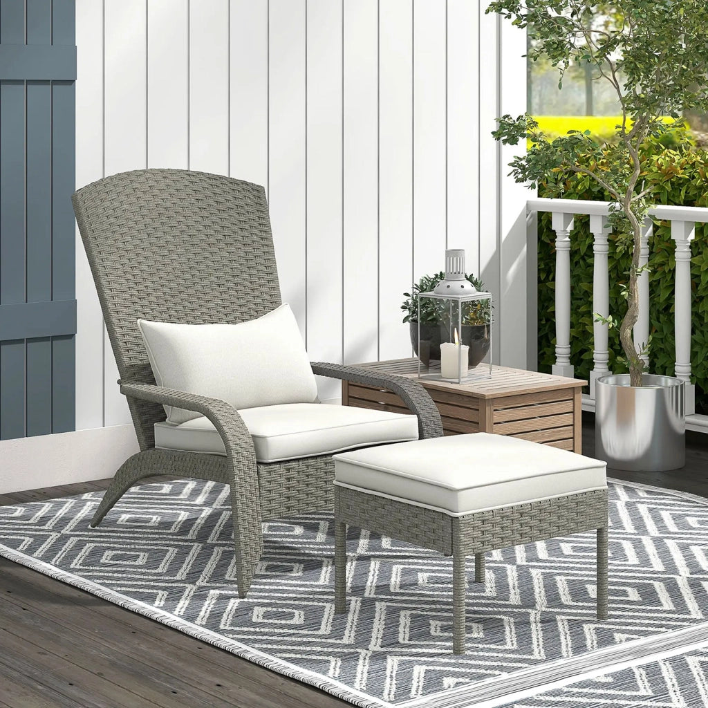 Sedia da Giardino con Poggiapiedi e Cuscini Imbottiti 64x82x89 cm in Rattan e Acciaio Grigio e Crema
