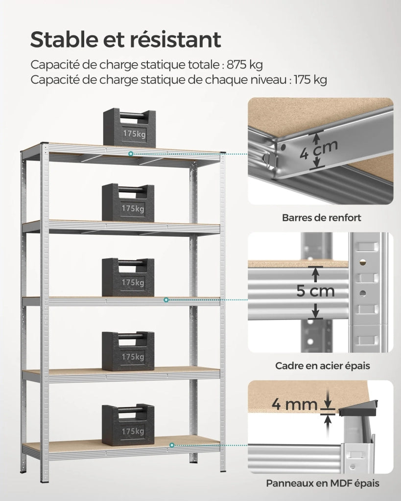 Mobiletto portaoggetti in acciaio per carichi pesanti a 5 ripiani montaggio senza attrezzi ripiano da garage per cassette degli attrezzi capacità di carico 875 kg 60 x 120 x 200 cm grigio 12_0005571