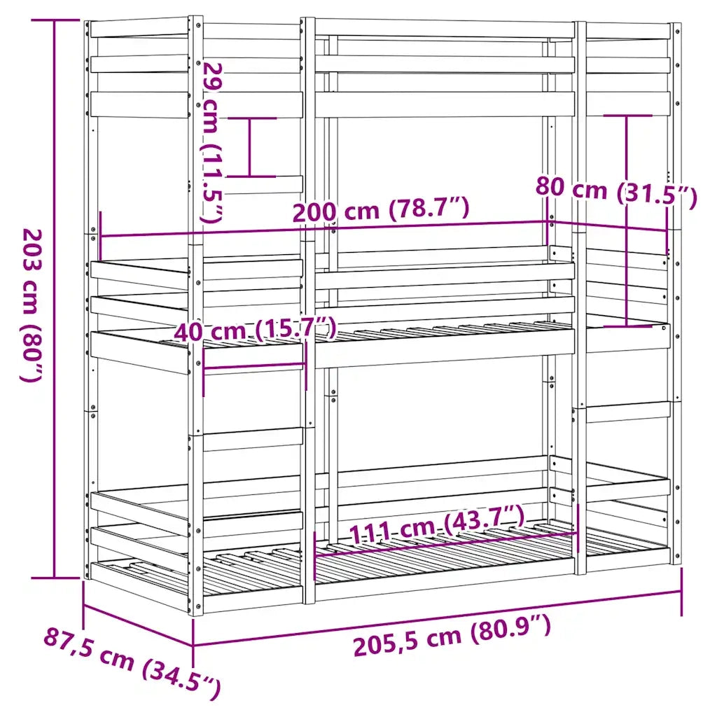 Letto Castello Triplo Marrone Cera 80x200cm Legno Massello Pino 3284253