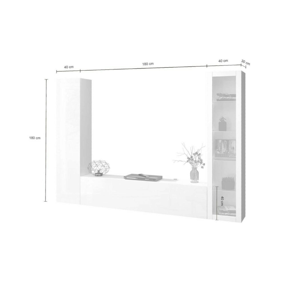 Mobile Soggiorno Felicina, Parete Attrezzata 9 Ripiani Made in Italy, 260x30x180h cm Bianco Lucido