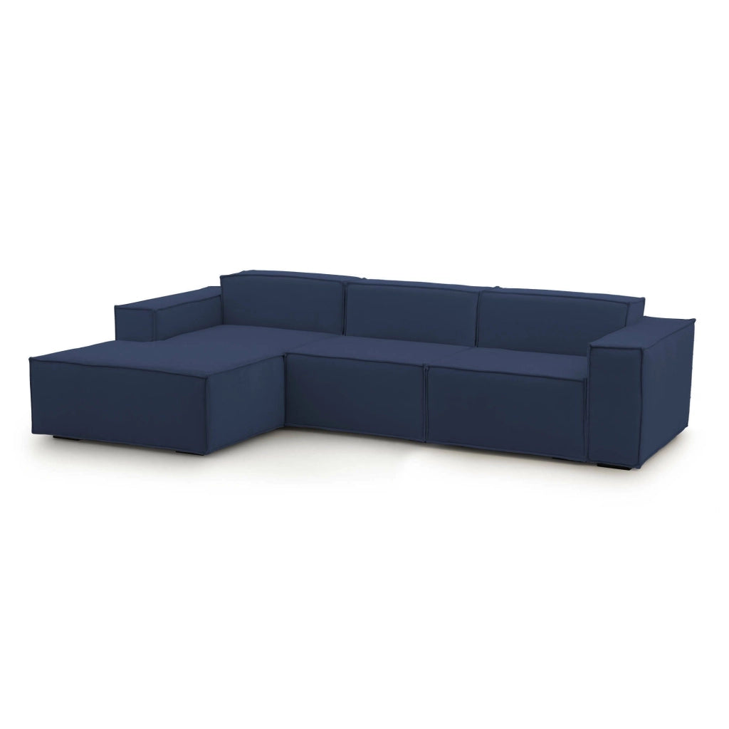 Divano fisso Alganibra, Divano componibile a 3 posti con penisola sinistra, Made in Italy, SofÒ  moderno in tessuto, Cm 300x170h70, Blu