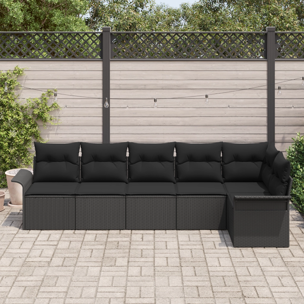 Set Divano da Giardino a 6 Pezzi con Cuscini Nero Poly Rattan