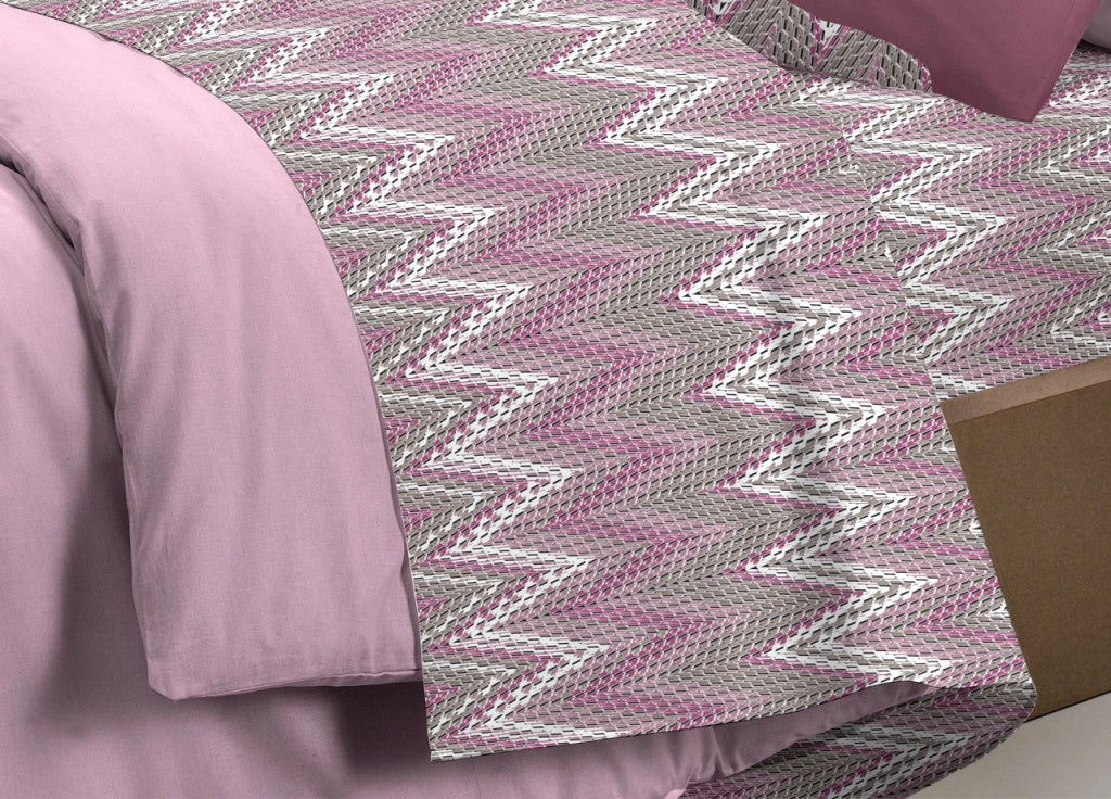 Completo Lenzuola Letto Pensieri Delicati 100% Cotone Dis. Palme Spinato - Piazza E Mezza - Rosa