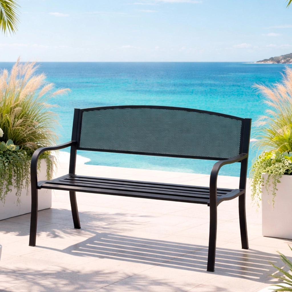 Panchina Da Giardino In Acciaio Panca Da Esterno Elegante 2-3 Posti Con Schienale Traforato E Braccioli Resistente Alle Intemperie Per Terrazzo Patio E Giardino 127 x 60 x 85 Cm Nero