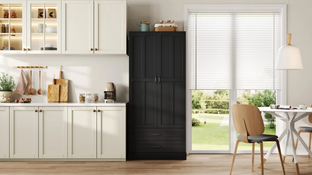 Credenza alta 180x80x37.5 cm con 3 ripiani estraibili; 2 cassetti; MDF; nero