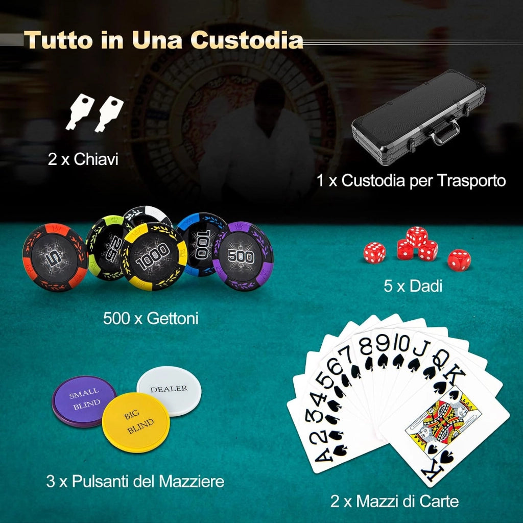 Poker Chips, Set di Fiches da Poker con 500/300 Chips e Custodia in Alluminio, Mazzo di Carte 5 Dadi, Set di Fiches per Party Viaggi e Feste (500 chips)