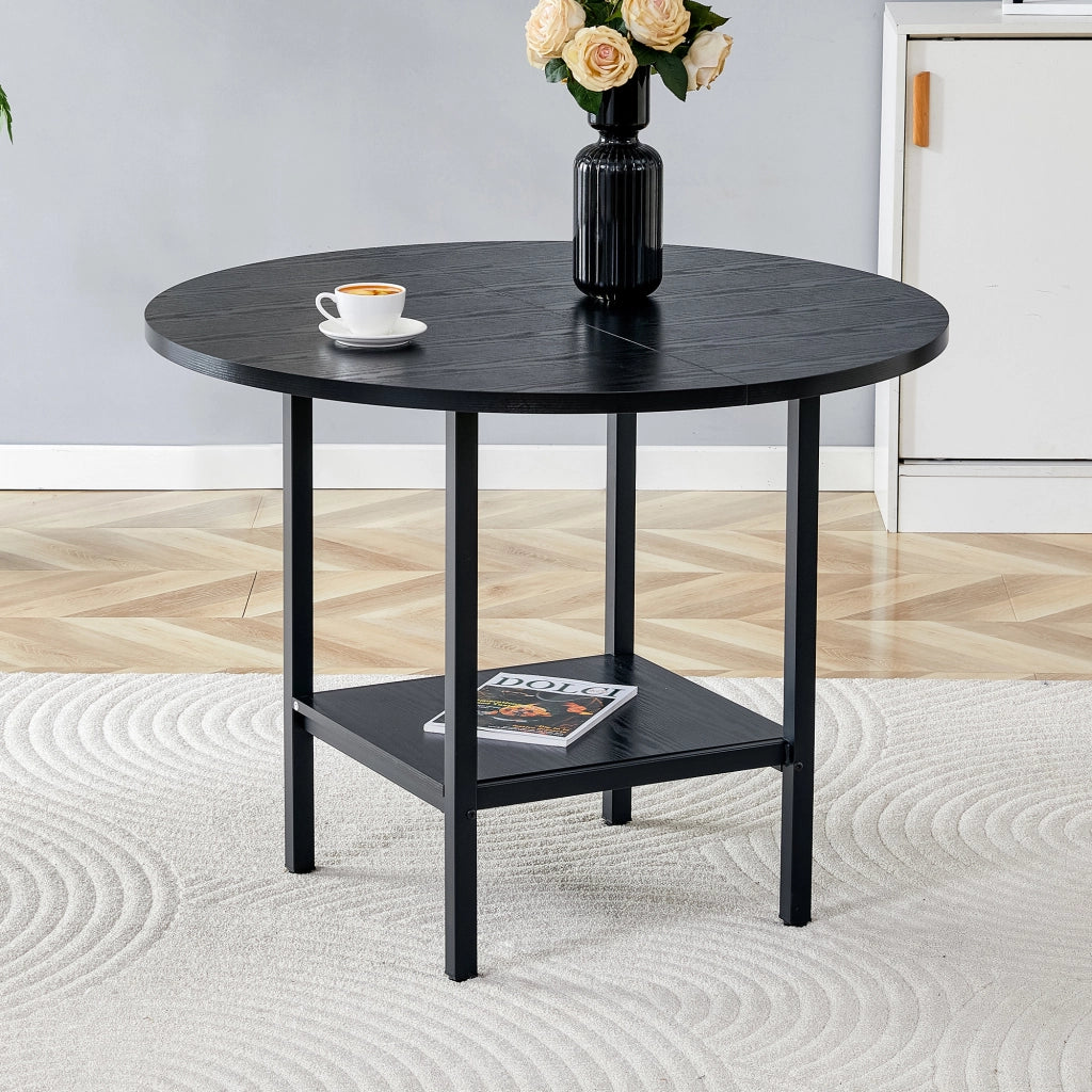 Tavolo da pranzo rotondo con ripiano contenitore in MDF e metallo nero per cucina e sala da pranzo 100 × 100 × 77 cm