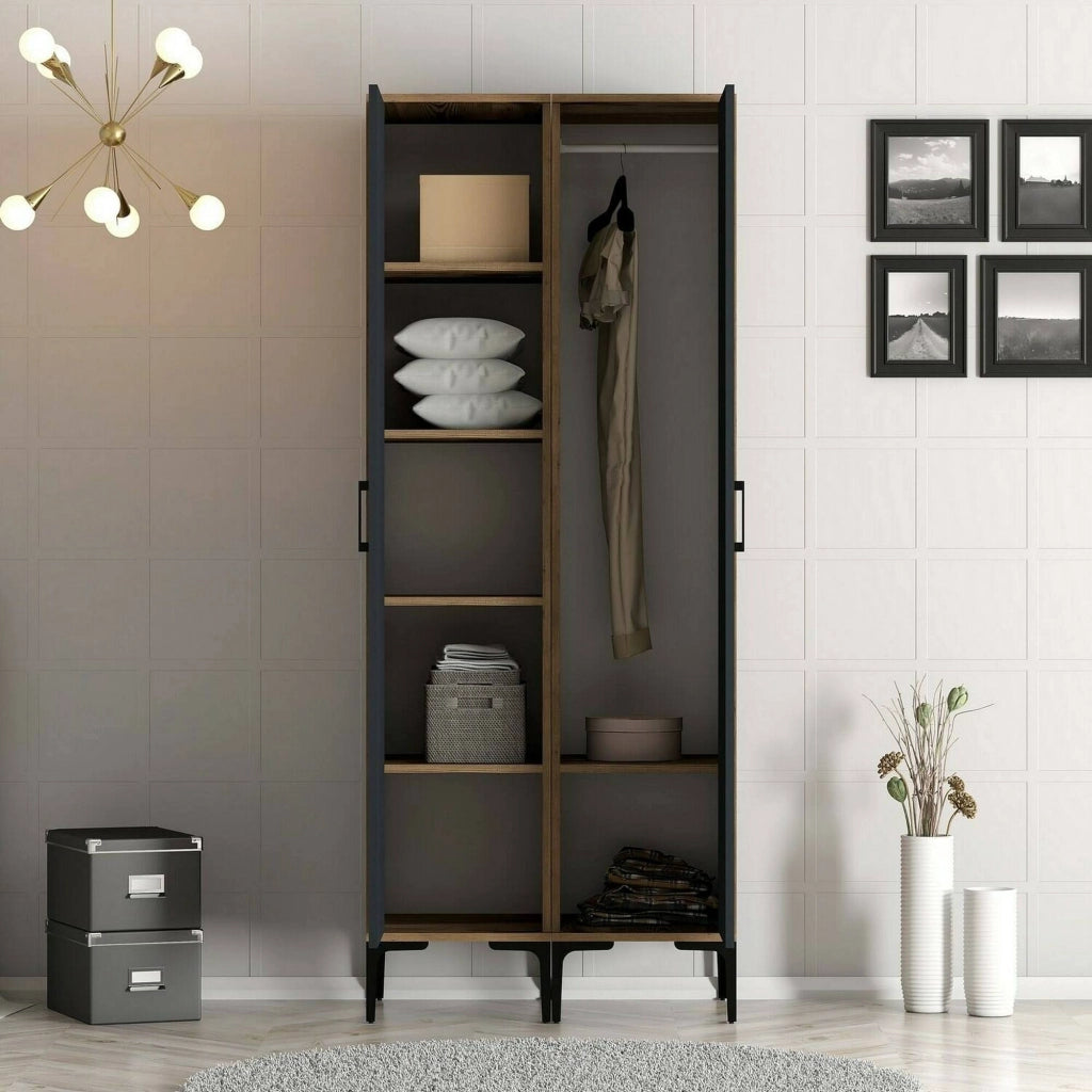 Guardaroba 2 ante Weng, Mobile camera da letto, Cabina armadio portabiti, Armadio appendiabiti, 80x201h48 cm, Noce e Antracite