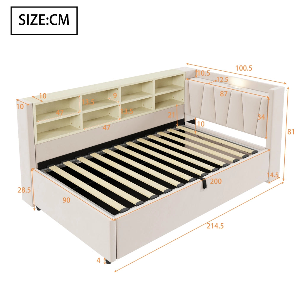 Letto imbottito singolo 90x200 cm in velluto beige con contenitore idraulico; USB e Type-C