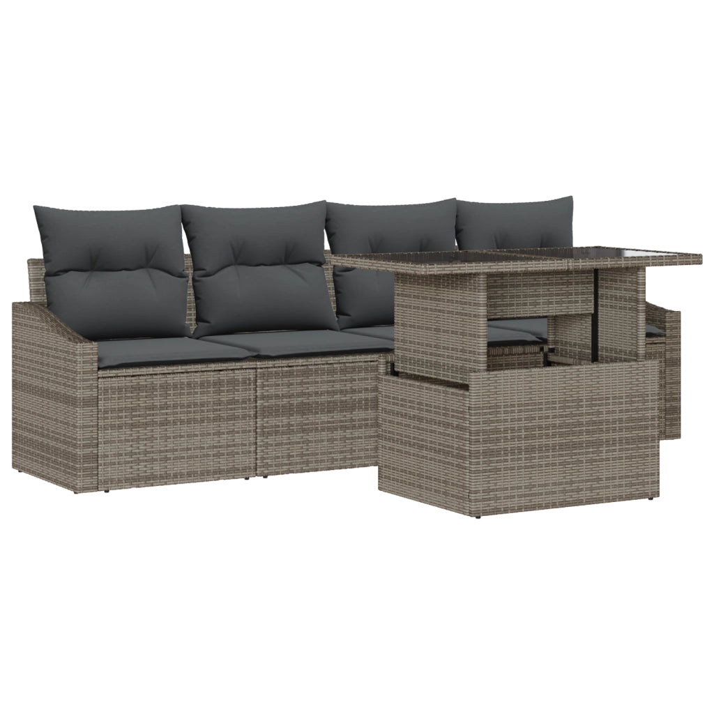 Set Divano da Giardino in 5 Pezzi con Cuscini Grigio Polyrattan