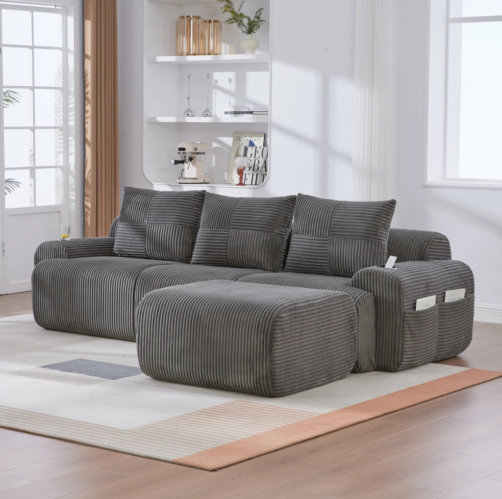 Divano modulare 268x174x80 cm con portabicchiere e tasca laterale in corduroy grigio scuro