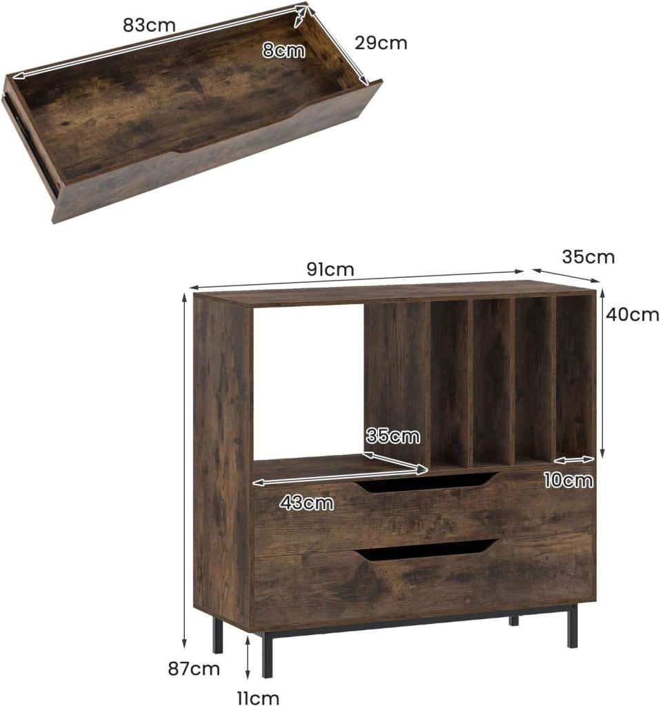 Supporto per Giradischi con Scomparto Aperto e 2 Cassetti, Mobile Vinili con Gambe in Metallo, Espositore per Dischi per Camera da Letto, Soggiorno, Studio (Marrone)