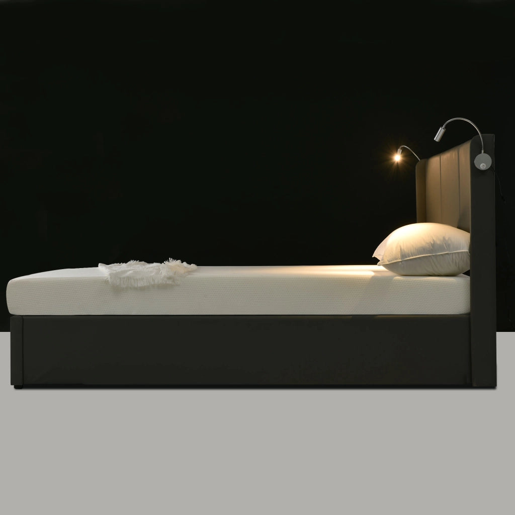 Letto matrimoniale imbottito 140x200 con contenitore, luce da lettura e porta USB, struttura in PU grigio