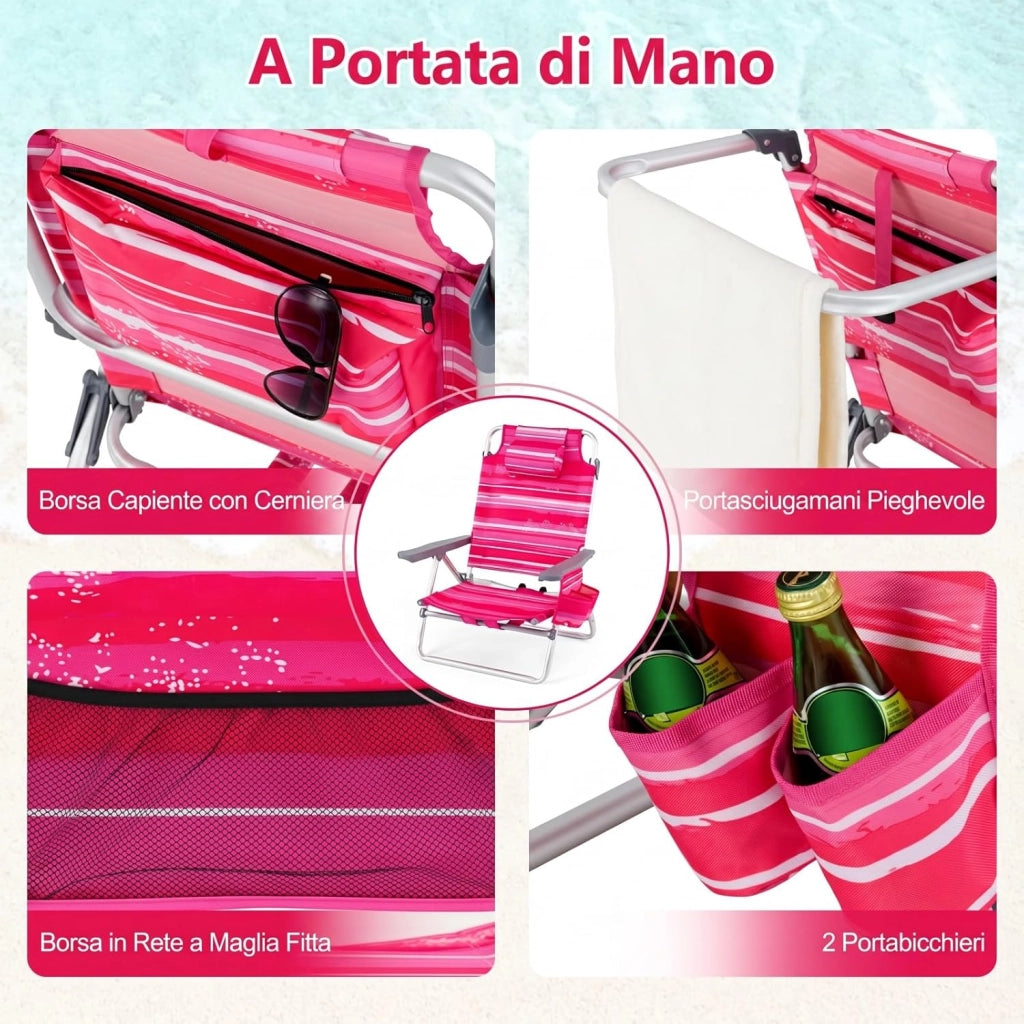 Set di 2 Sedie e Tavolino da Spiaggia Pieghevole, Schienale Regolabile a 5 Livelli, con Portatesta, Borsa Portaoggetti, Borsa Termica, per Campeggio Picnic Esterno (Rosa Scuro, Modello 2)