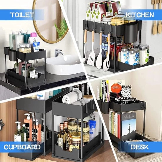 Sostegno sotto il lavello, cucina, 2 livelli, 2 pezzi, ripiano con 8 ganci e 4 lavandini appesi, organizzatore di cassetto