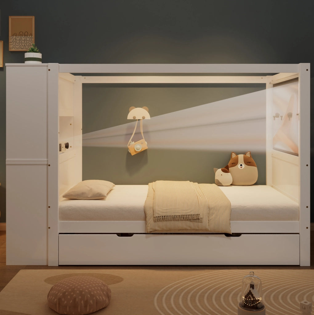 Letto singolo per bambini con contenitore laterale e 5 cassetti 90x200 cm