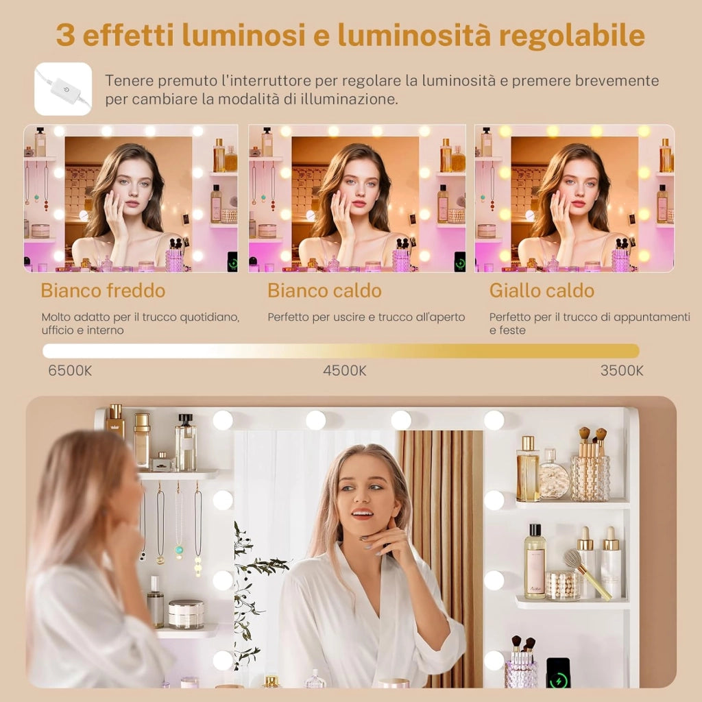 Toeletta Trucco con Luci, Led Regolabili, 3 Colori Regolabili, Toletta con Grande Specchio,Presa,Bianco,Piano in Vetro+RGB,7 Cassetti,4 Ripiani, 5 Ganci per Gioielli per la Camera da Letto