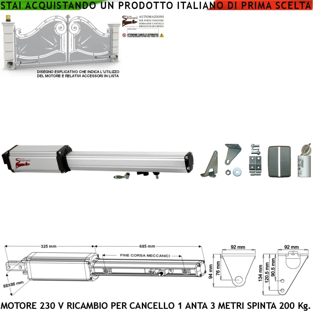 Motore Elettromeccanico 220 V Cancello Battente Anta 3 Metri Corsa Carrello 500 MM Sblocco a Chiave Ricambio Automazione Originale Securvera con Finecorsa Meccanici Completo di Staffe Bulloni Condensatore 16 µF 400 V Misure 1010X88X88 mm