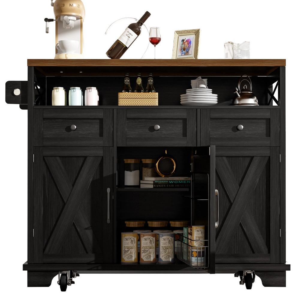 OKWISH Isola da Cucina con 3 Cassetti, Piano Pieghevole e Ruote, Portaasciugamani Laterale, Nero, 118 x 43 x 98 cm
