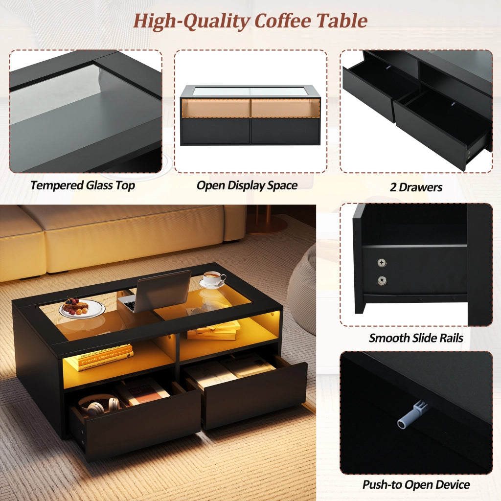 Tavolino da caffè con 2 cassetti; LED e USB - per soggiorno - 100x50x35 cm - nero