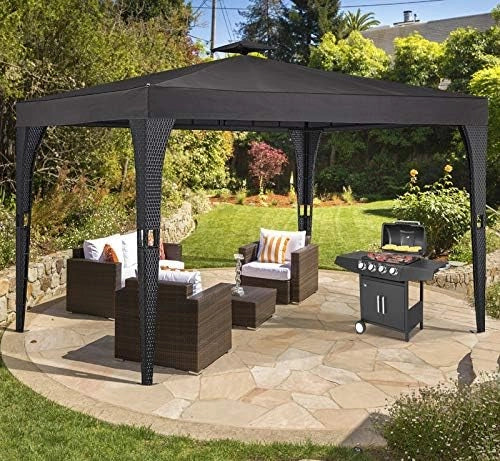 Gazebo da Giardino 3x4m Polyrattan Idrorepellente Padiglione Tendone Festa Protezione UV Nero