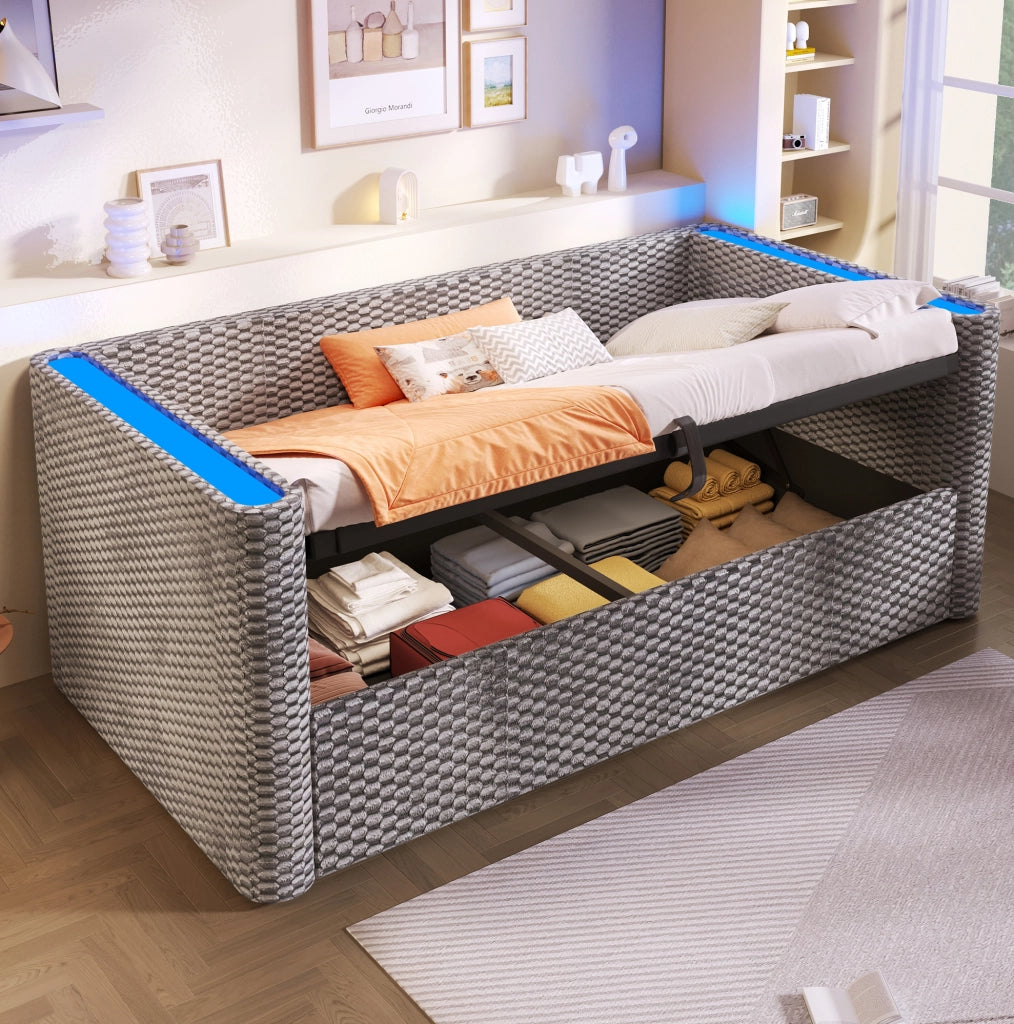 Letto singolo 90x200 cm in velluto grigio con LED