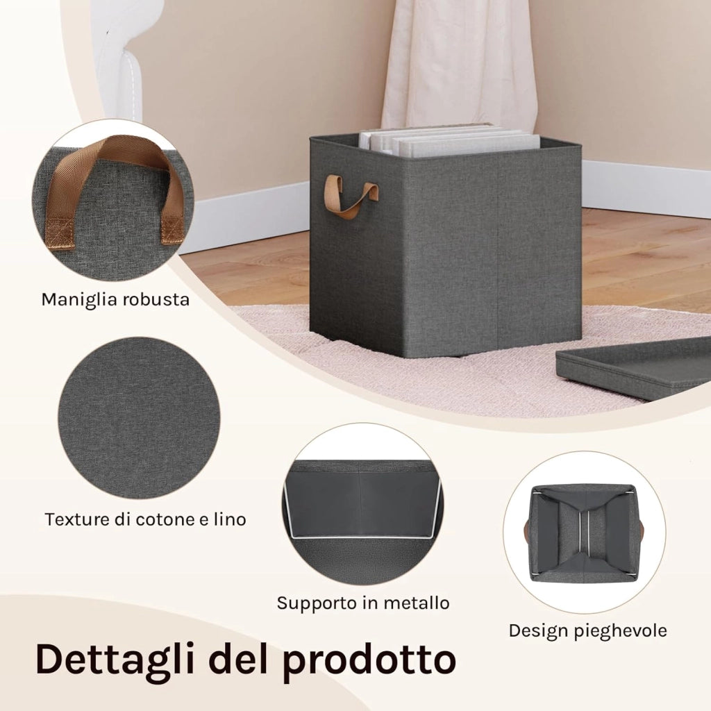 Scatole Contenitori Pieghevoli Set di 5, Cubi in Tessuto con Coperchio, Manico e Struttura in Metallo, Organizer per Scaffale e Armadio, Grigio, 30x30x29cm