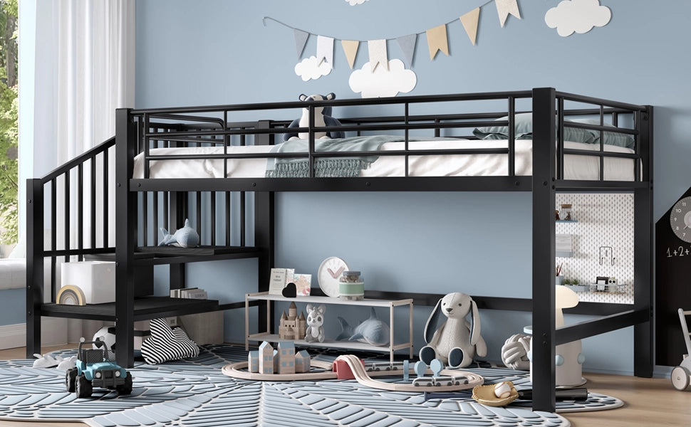 Letto alto semialto nero con scala contenitore in MDF e metallo 90x200 cm