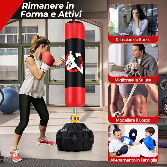 Sacco da Boxe da Terra, Pungiball Autoportante con Base Riempibile, 12 Ventose e Ammortizzatori per Adulti e Adolescenti, Punching Ball in Piedi per Allenamento in Casa e Ufficio