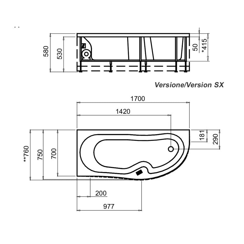 Guscio vasca 170 x 70 sx rettangolare serie genny con pannello