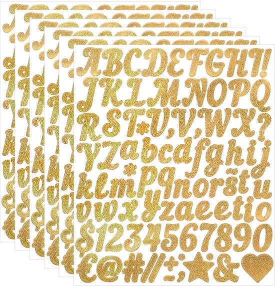 Etichette Stickers Goud - 6 Fogli Stickers Vinyl Selfadesivi - Impermeabili - Numeri/Simboli - Alfabeto Stickers - Per Giornale/Notebook