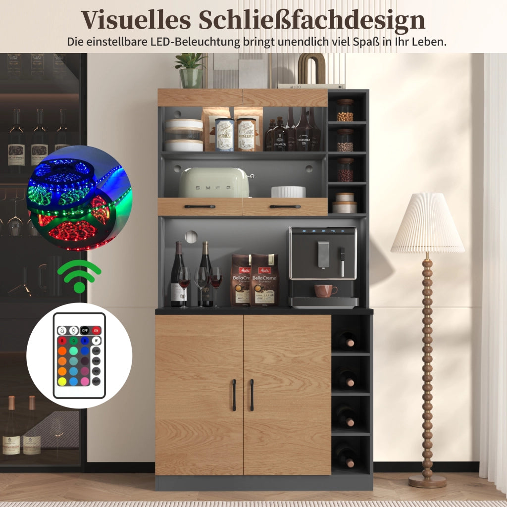 Credenza da Cucina Alta con 4 Vani Regolabili; 2 Ante; LED e Fori Passacavo; in MDF; Grigio Naturale; 100 x 47 x 187 cm