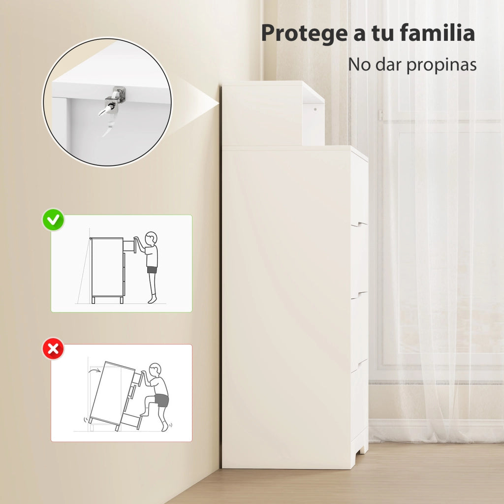 Cassettiera con 4 Cassetti e Stazione di Ricarica USB USB-C ¨C zephmum ¨C Bianco 80x40x120 cm