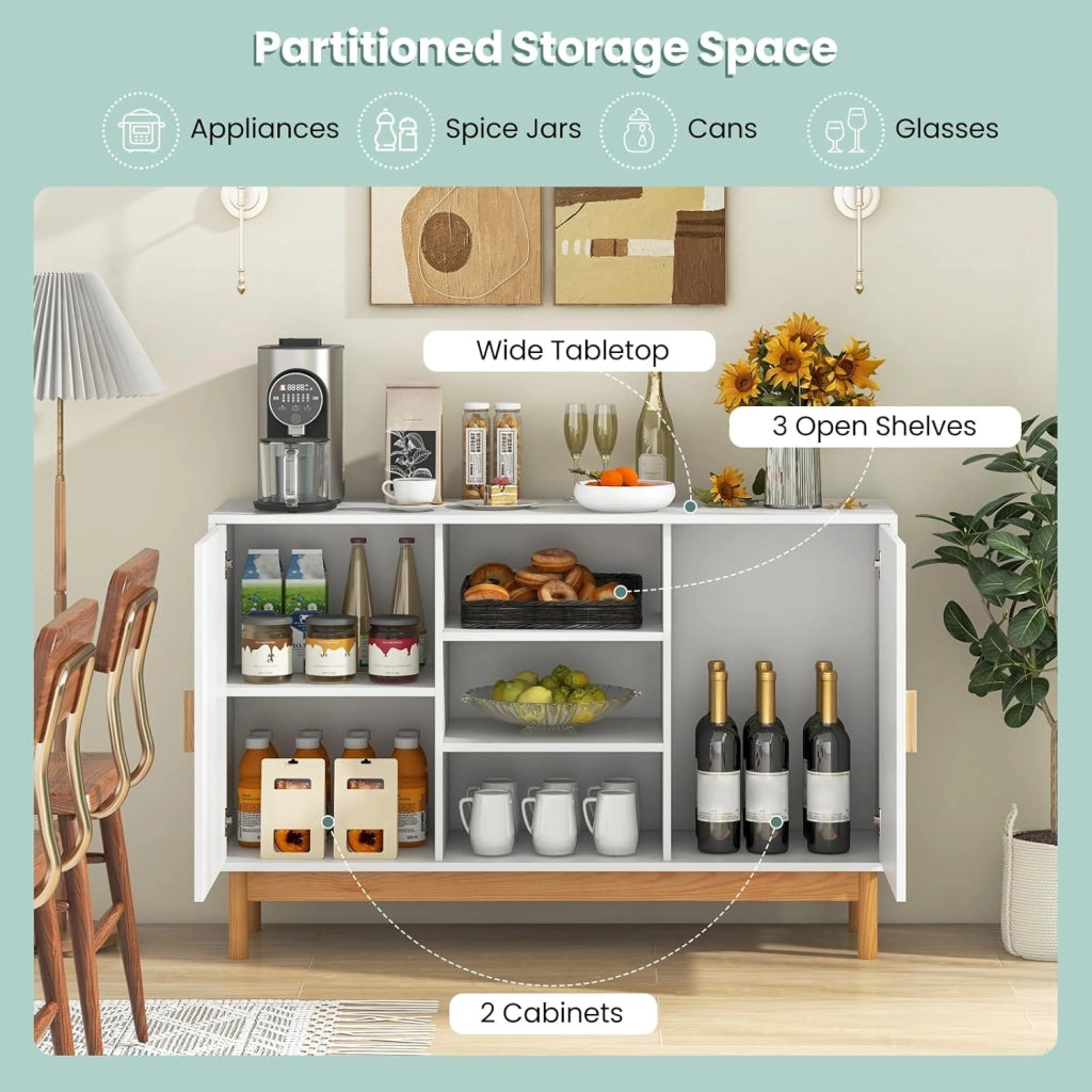 Credenza a buffet con ante in tessuto di bambù, armadio da cucina con 3 ripiani aperti, mobile di stoccaggio con dispositivo antiribaltamento, mobile TV per soggiorno, 120 x 35 x 78 cm